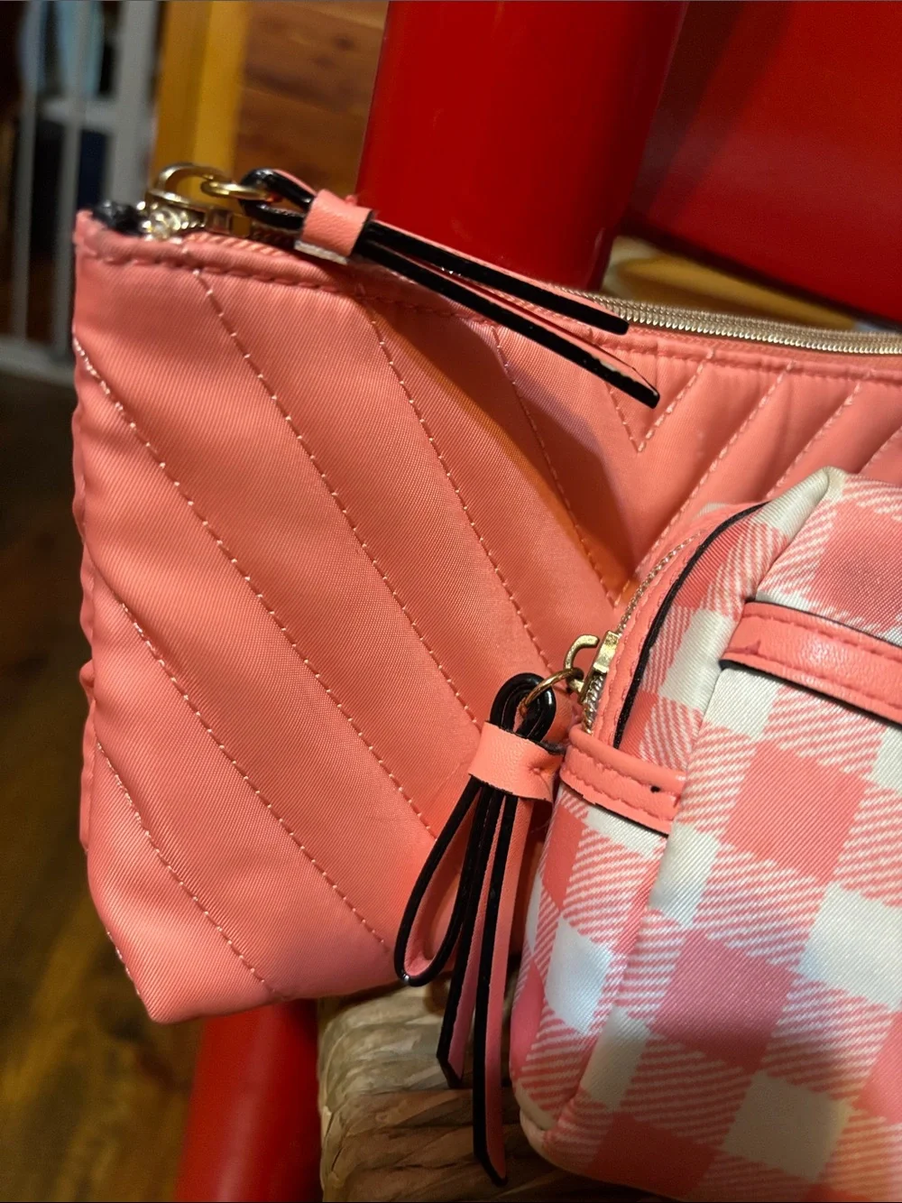 Victoria's Secret Coral Pink Quilted and Gingham Cosmetic Pouch Duo
